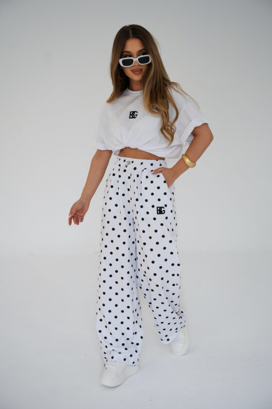 Spodnie damskie polka dot białe / czarne – BG BUBU