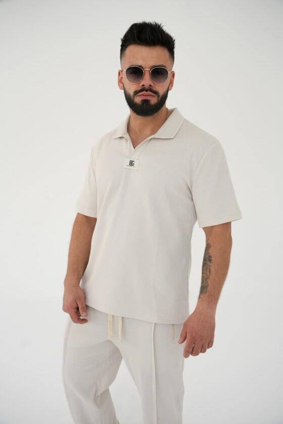 T-shirt męski polo bawełniany BG BOOST – jasny beż