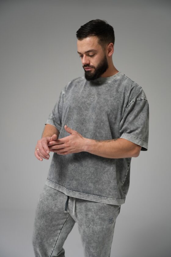 T-shirt męski oversize boxy fit z efektem sprania BG REBEL – szary