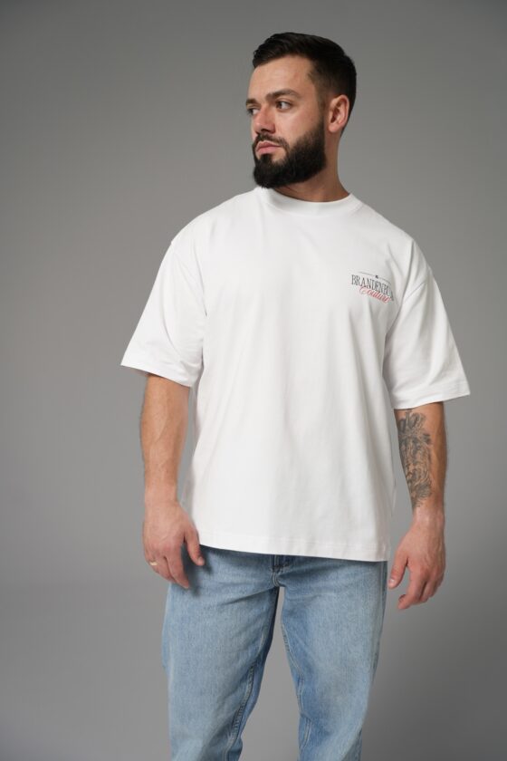 T-shirt męski oversize boxy fit z nadrukiem i haftem BG SOHO – biały