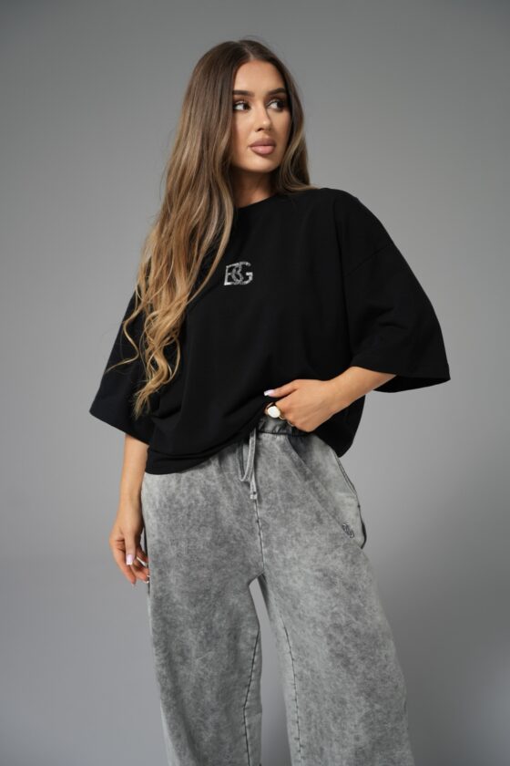 T-shirt damski oversize boxy fit z przetartym nadrukiem BG FADED – czarny