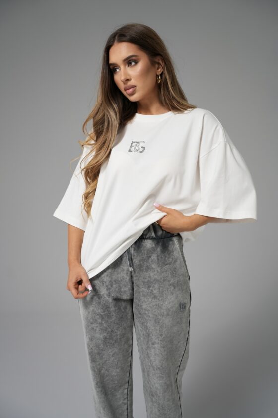 T-shirt damski oversize boxy fit z przetartym nadrukiem BG FADED – biały