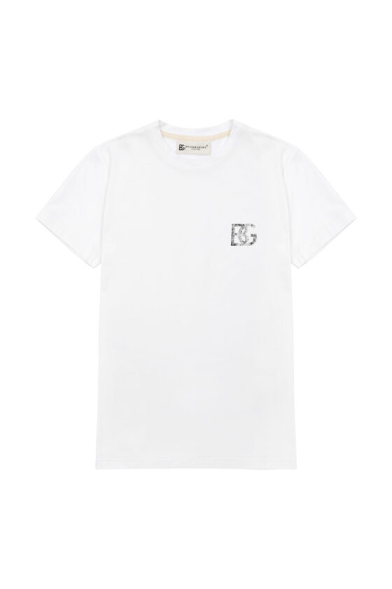 T-shirt męski slim fit z przetartym nadrukiem BG DUST – biały