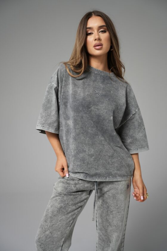 T-shirt damski oversize boxy fit z efektem sprania BG IVY – szary
