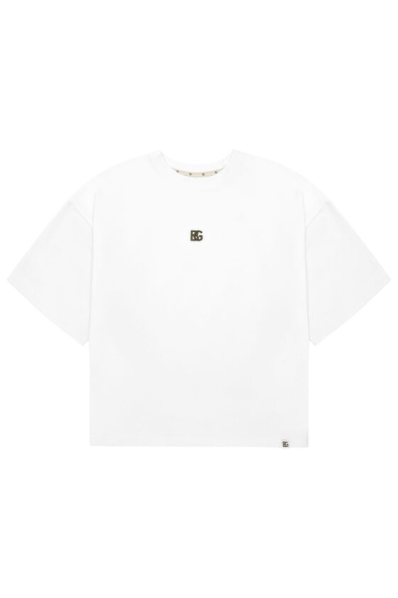 T-shirt damski oversize z haftem BG DRAPE – biały z oliwkowym haftem