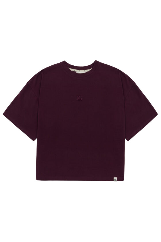 T-shirt damski oversize z haftem BG DRAPE – bordo