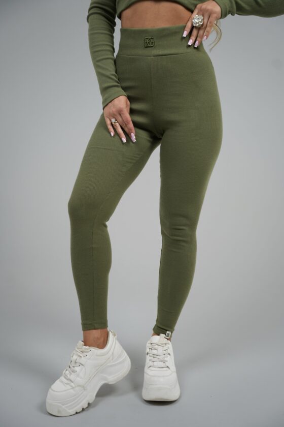 Legginsy damskie prążkowane z wysokim stanem BG SCULPT – oliwka