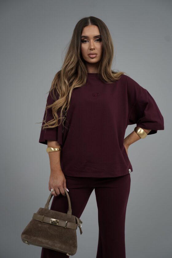 T-shirt damski oversize z haftem BG DRAPE – bordo